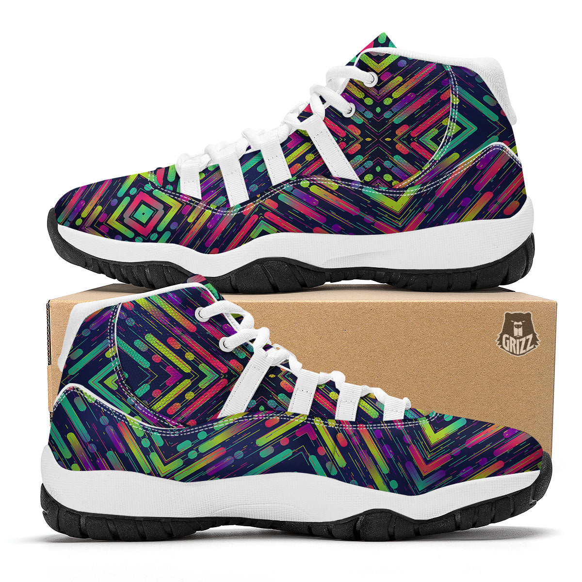 Abstract Neon Colorful Stripes Print Pattern White Bball Shoes-grizzshop