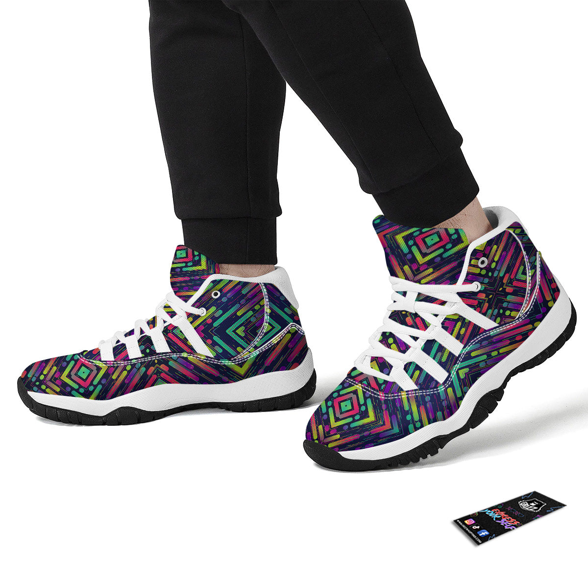 Abstract Neon Colorful Stripes Print Pattern White Bball Shoes-grizzshop