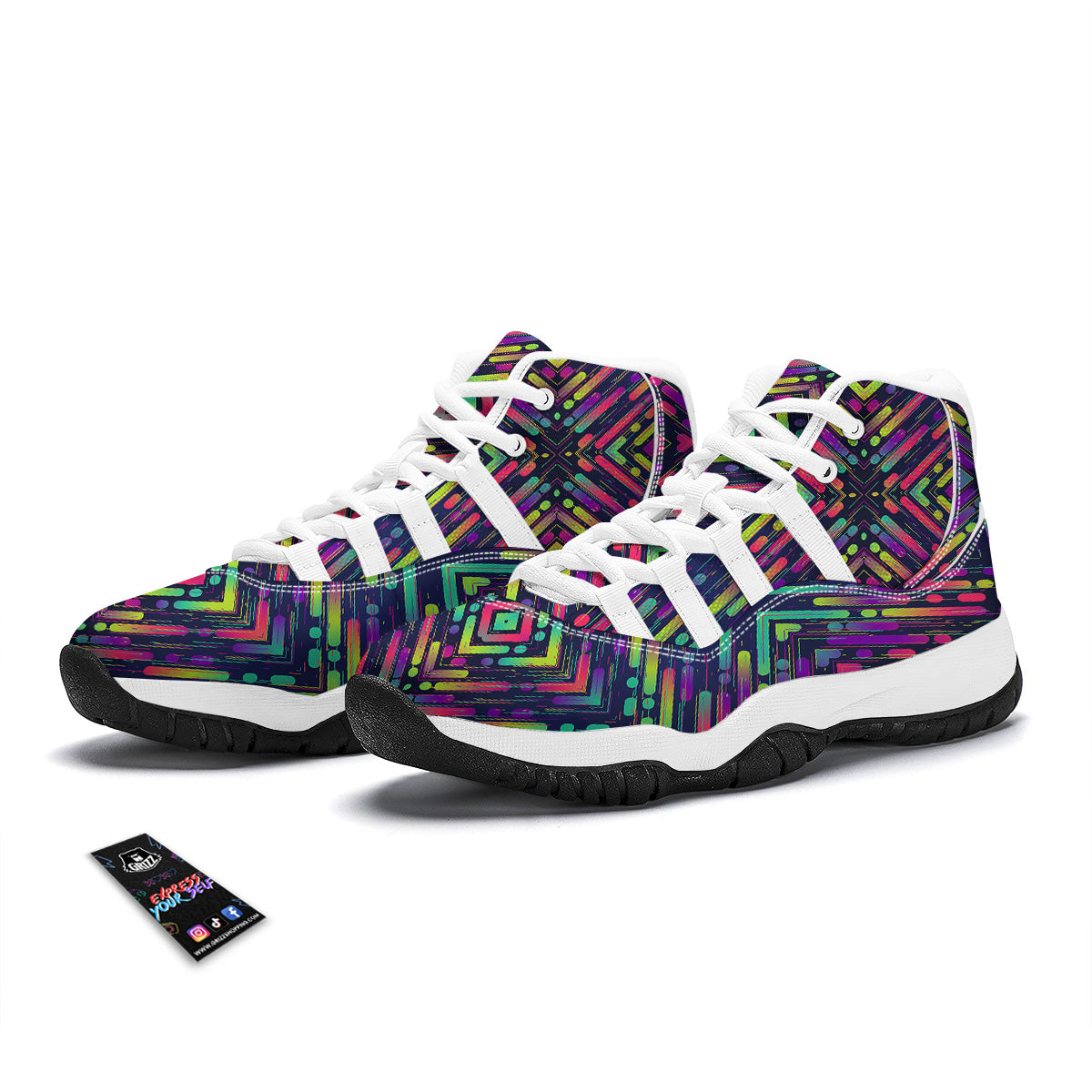 Abstract Neon Colorful Stripes Print Pattern White Bball Shoes-grizzshop