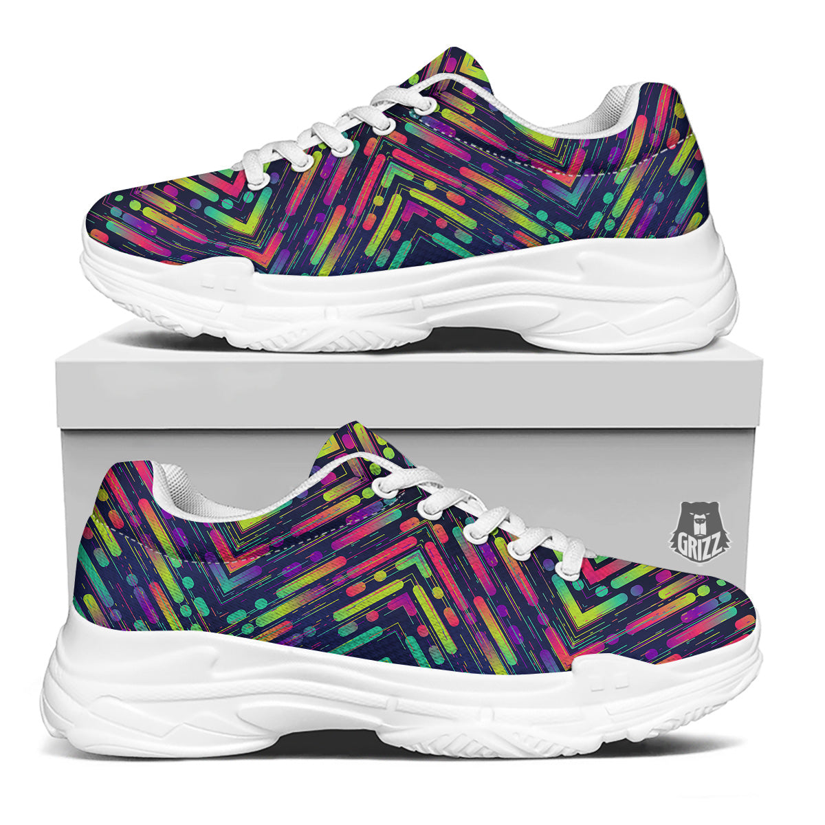 Abstract Neon Colorful Stripes Print Pattern White Chunky Shoes-grizzshop
