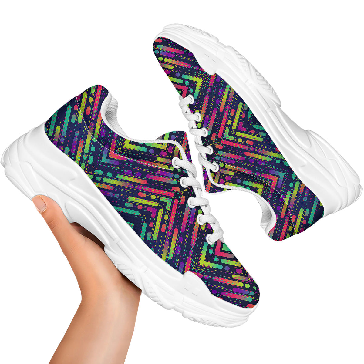 Abstract Neon Colorful Stripes Print Pattern White Chunky Shoes-grizzshop