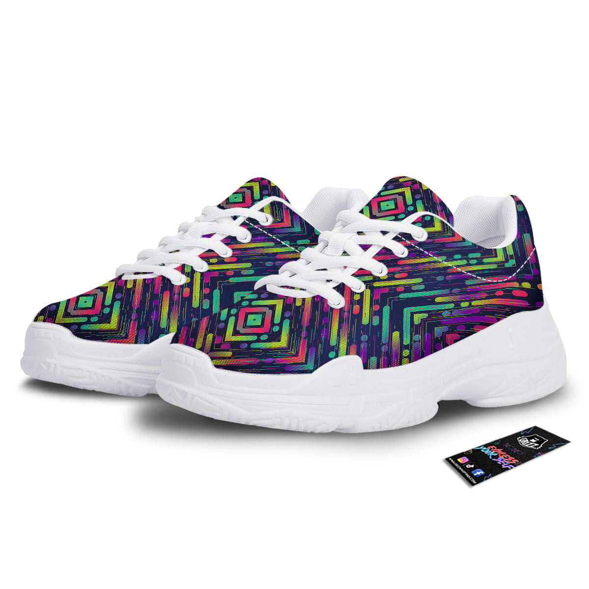 Abstract Neon Colorful Stripes Print Pattern White Chunky Shoes-grizzshop