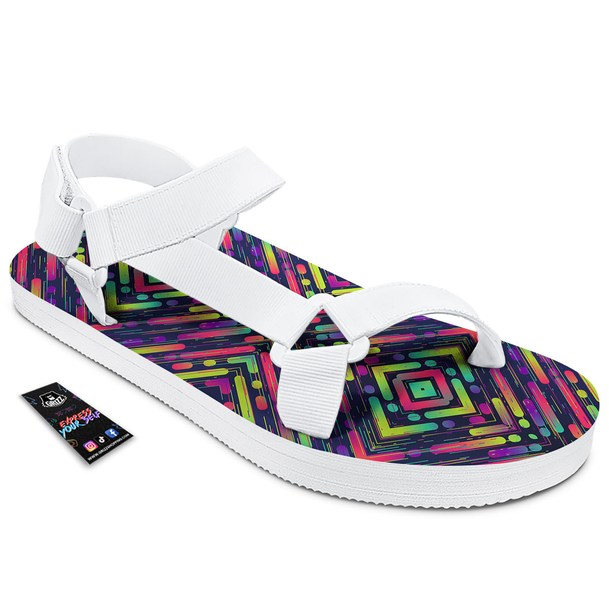 Abstract Neon Colorful Stripes Print Pattern White Open Toe Sandals-grizzshop