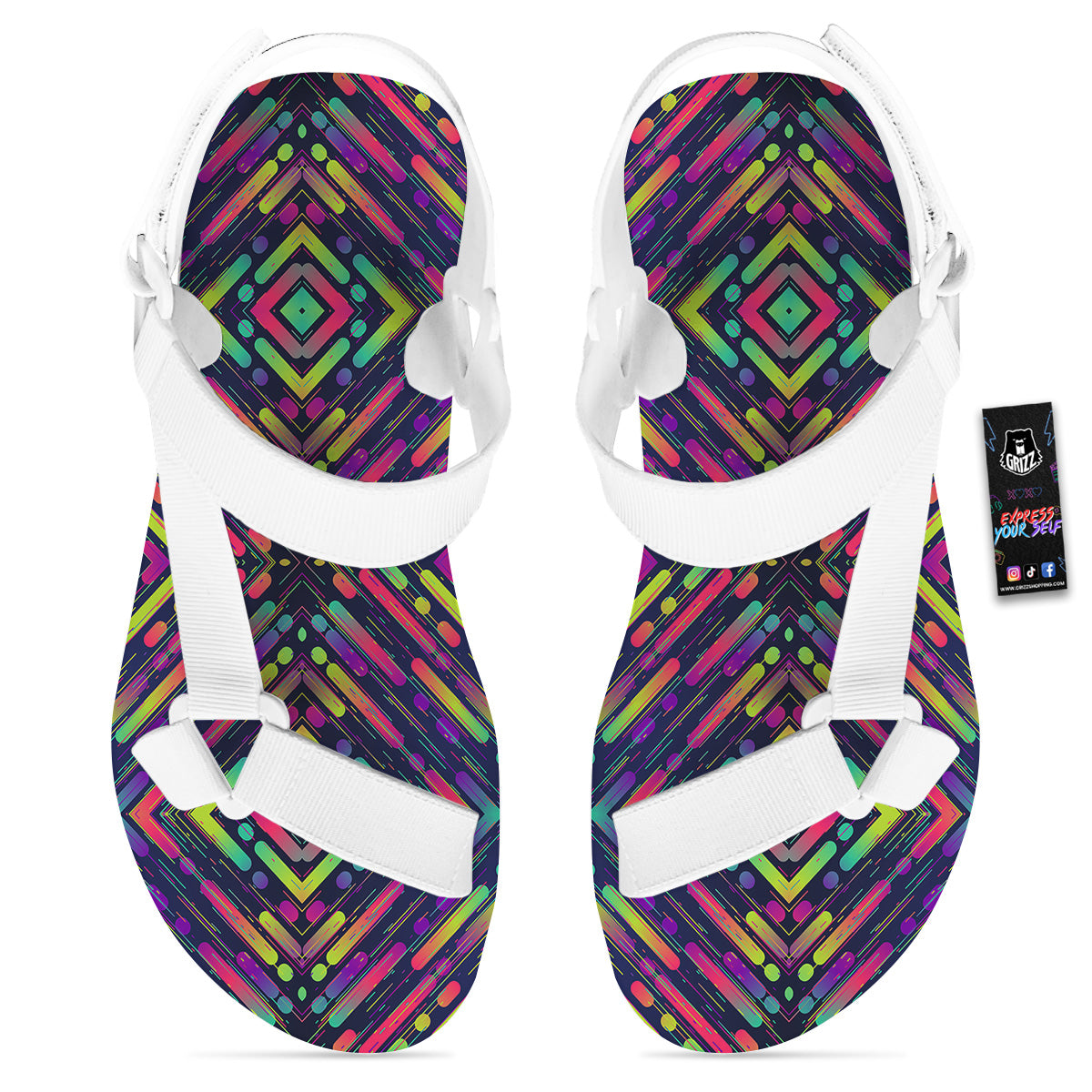 Abstract Neon Colorful Stripes Print Pattern White Open Toe Sandals-grizzshop