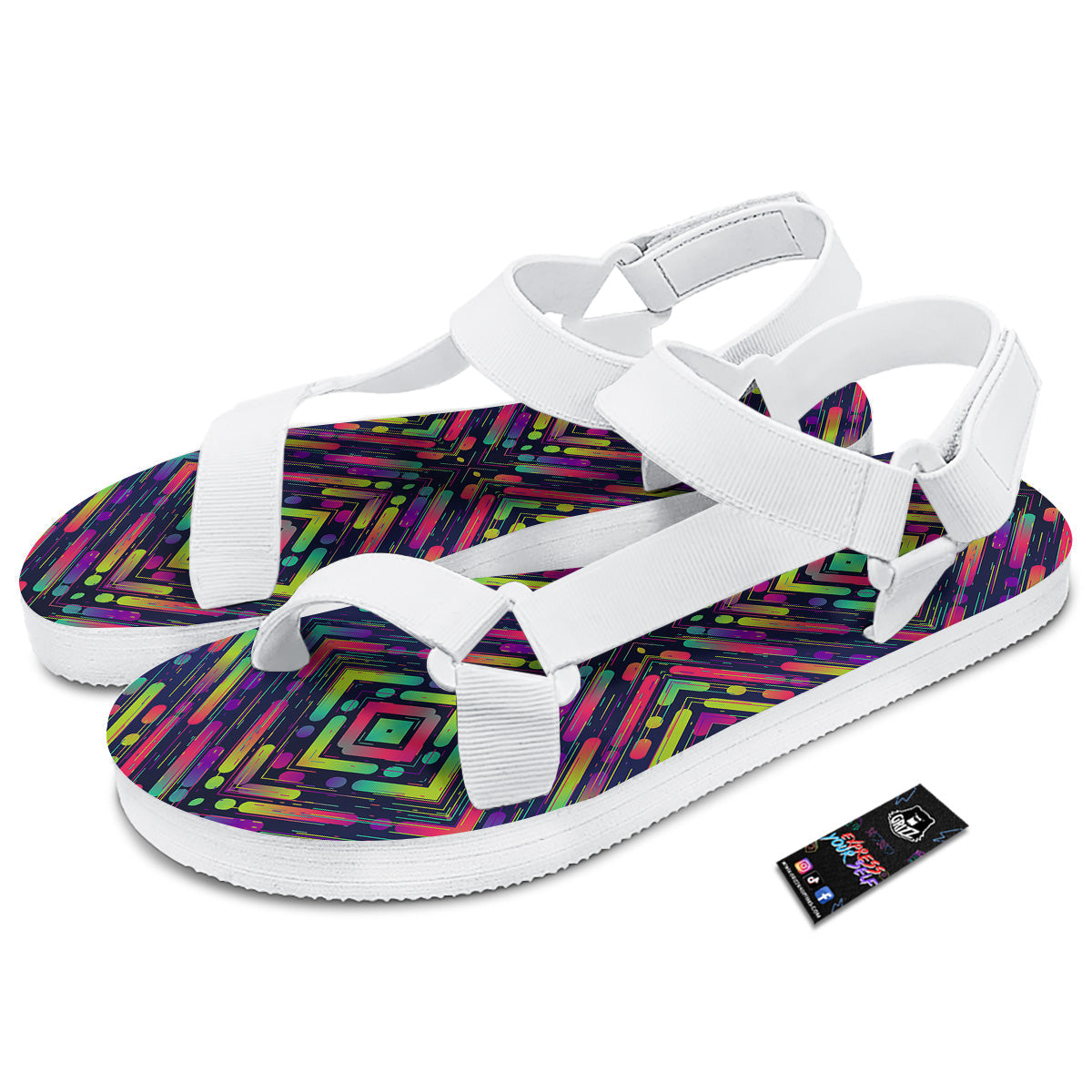 Abstract Neon Colorful Stripes Print Pattern White Open Toe Sandals-grizzshop