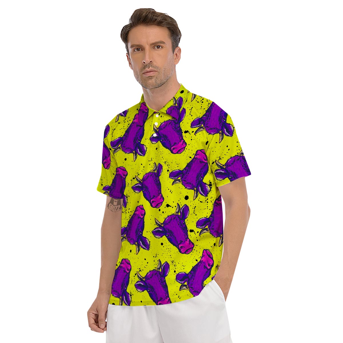Abstract Neon Cow Print Men's Golf Shirts-grizzshop
