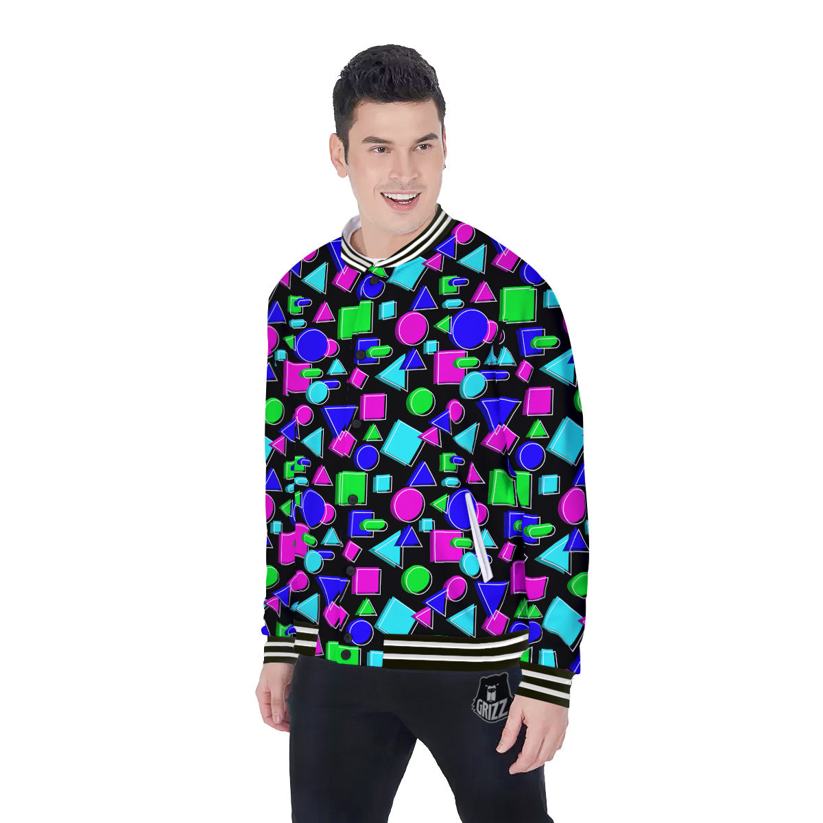 Abstract Neon Geometric Print Pattern Baseball Jacket-grizzshop