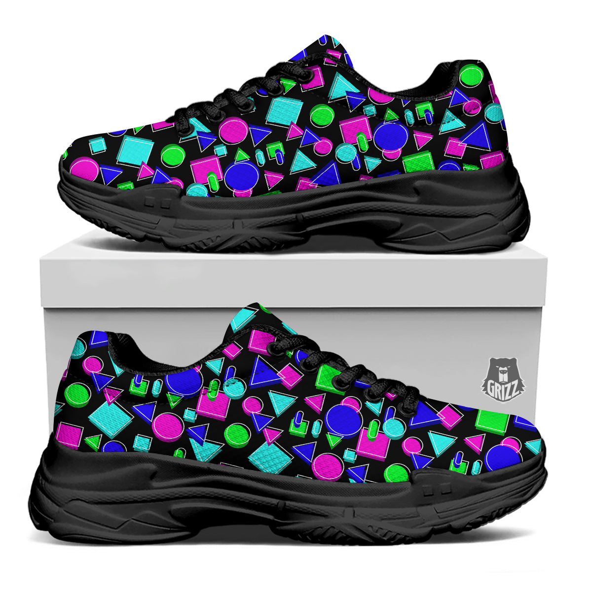 Abstract Neon Geometric Print Pattern Black Chunky Shoes-grizzshop