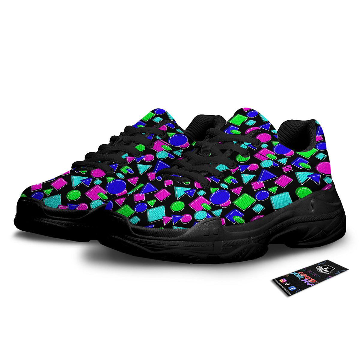 Abstract Neon Geometric Print Pattern Black Chunky Shoes-grizzshop
