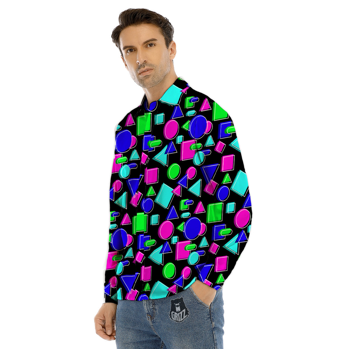 Abstract Neon Geometric Print Pattern Men's Dress Shirts-grizzshop