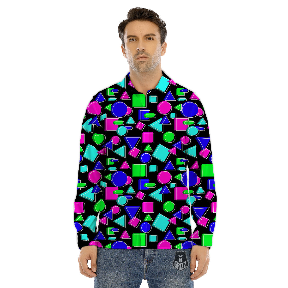 Abstract Neon Geometric Print Pattern Men's Dress Shirts-grizzshop
