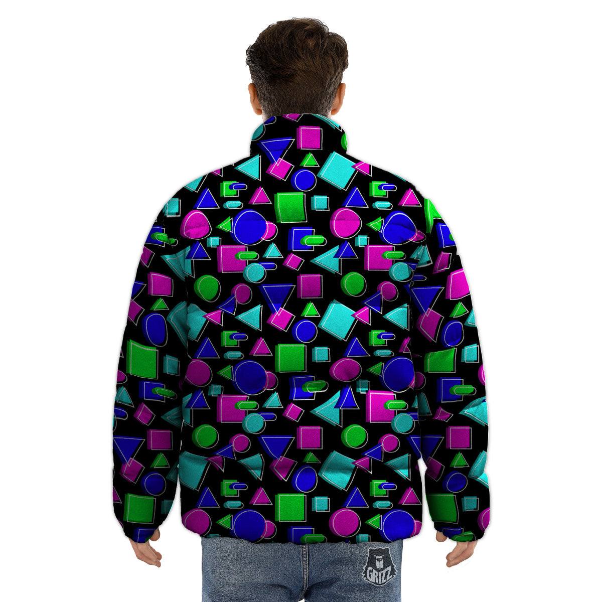 Abstract Neon Geometric Print Pattern Puffer Jacket-grizzshop