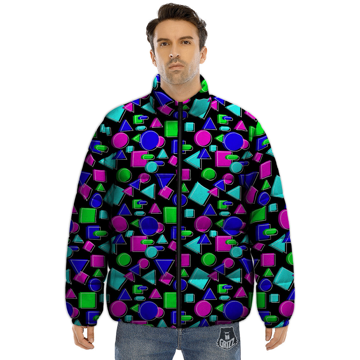 Abstract Neon Geometric Print Pattern Puffer Jacket-grizzshop