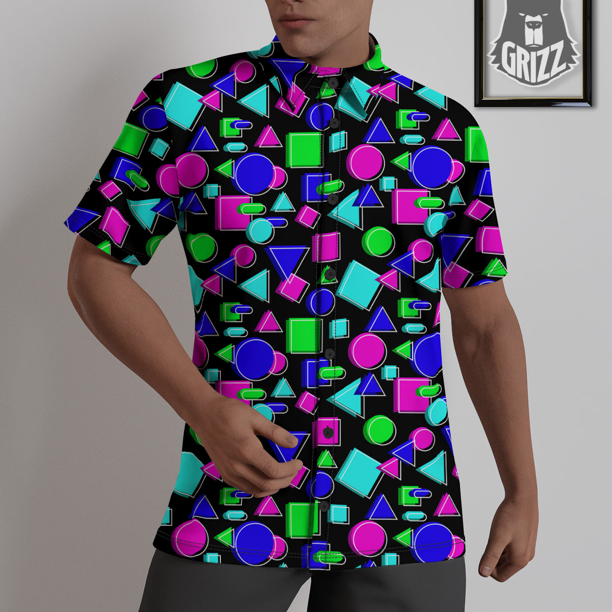 Abstract Neon Geometric Print Pattern Untucked Shirts-grizzshop