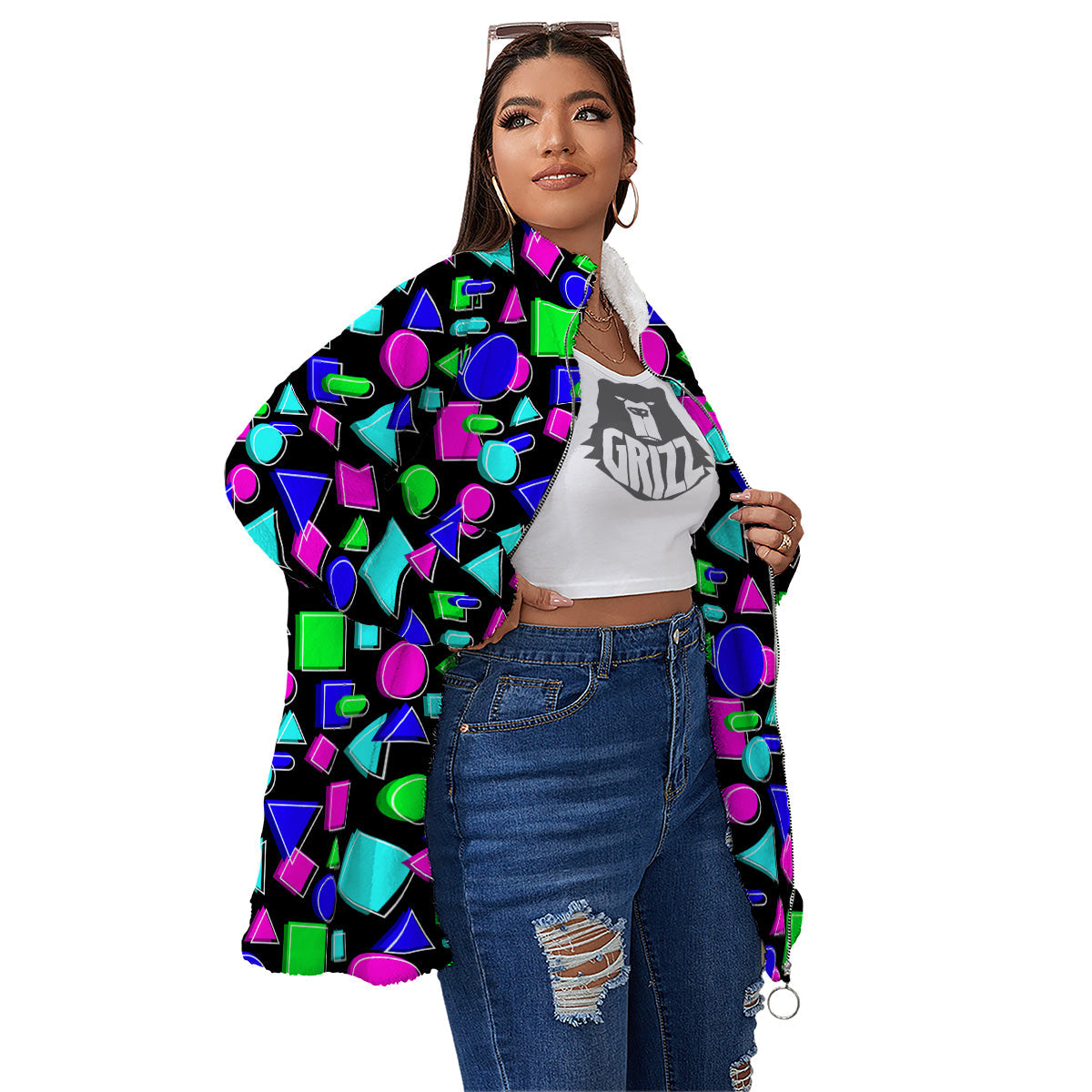 Abstract Neon Geometric Print Pattern Women's Sherpa Jacket-grizzshop