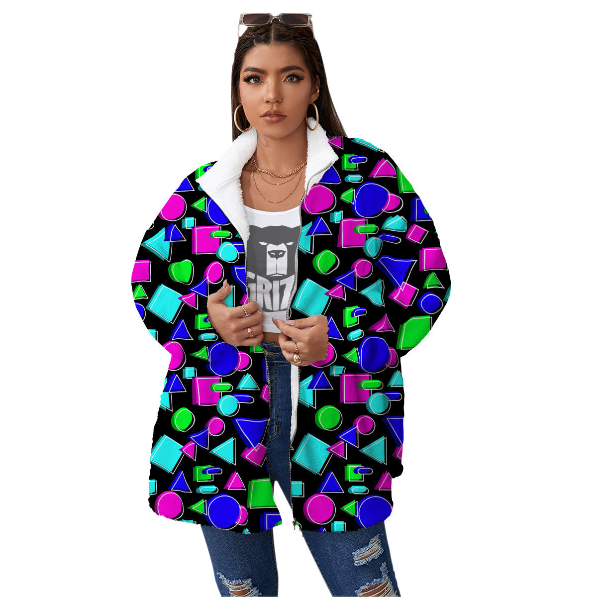 Abstract Neon Geometric Print Pattern Women's Sherpa Jacket-grizzshop