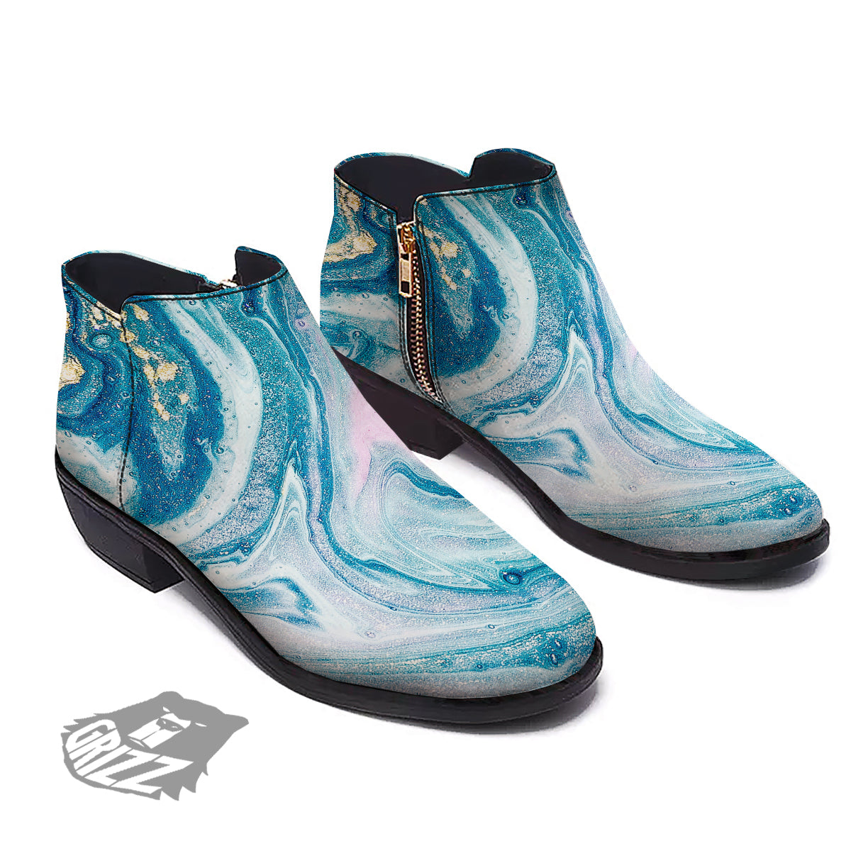 Abstract Ocean Marble Pink Blue Print Ankle Boots-grizzshop