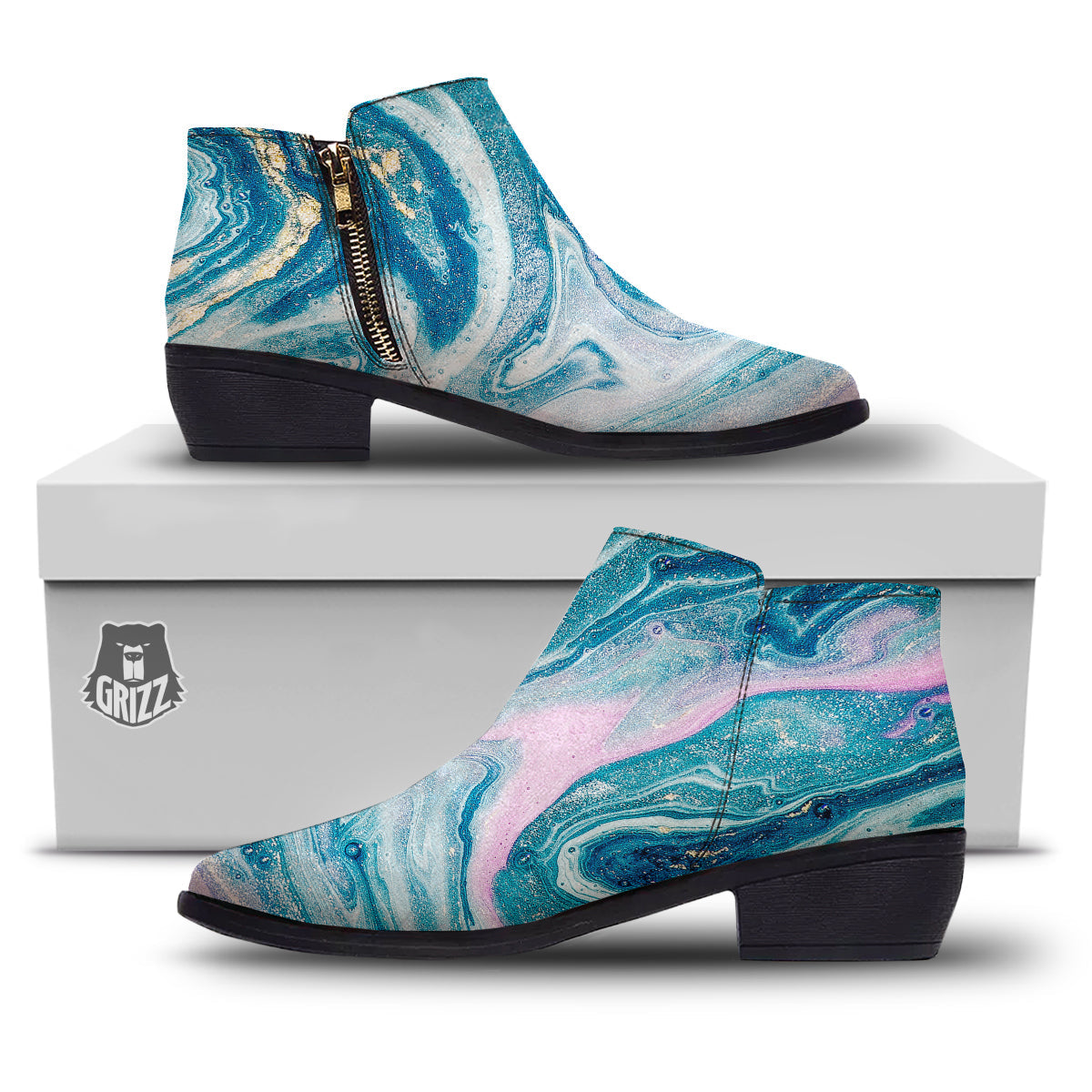 Abstract Ocean Marble Pink Blue Print Ankle Boots-grizzshop
