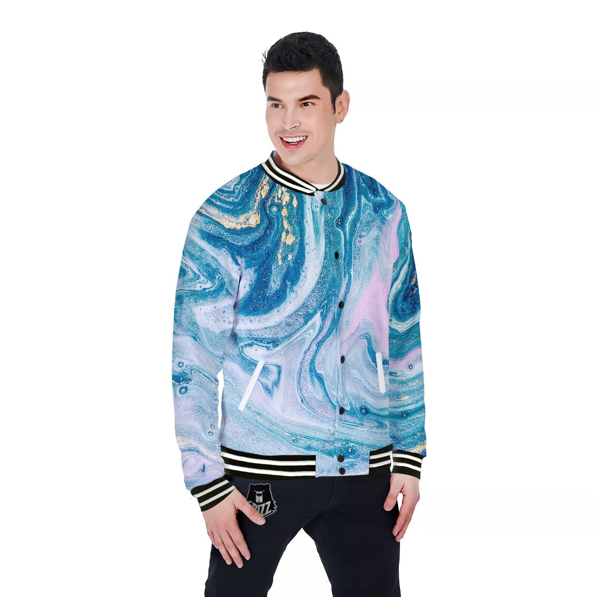 Abstract Ocean Marble Pink Blue Print Baseball Jacket-grizzshop