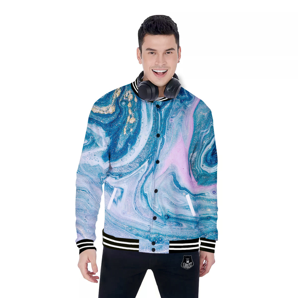 Abstract Ocean Marble Pink Blue Print Baseball Jacket-grizzshop