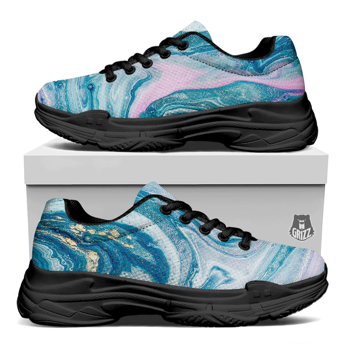 Abstract Ocean Marble Pink Blue Print Black Chunky Shoes-grizzshop