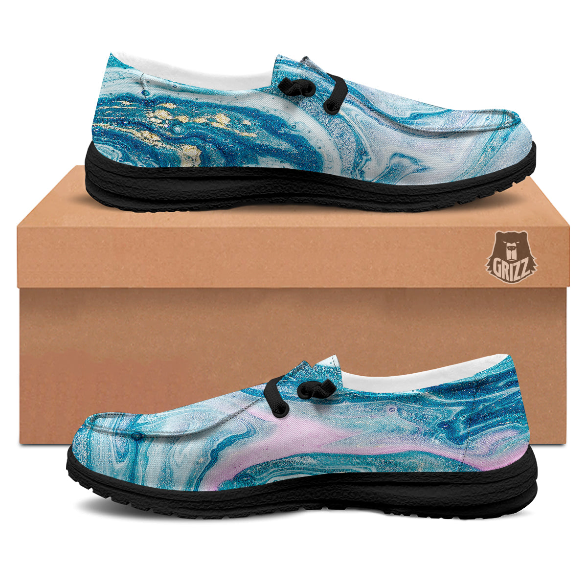 Abstract Ocean Marble Pink Blue Print Black Loafers-grizzshop