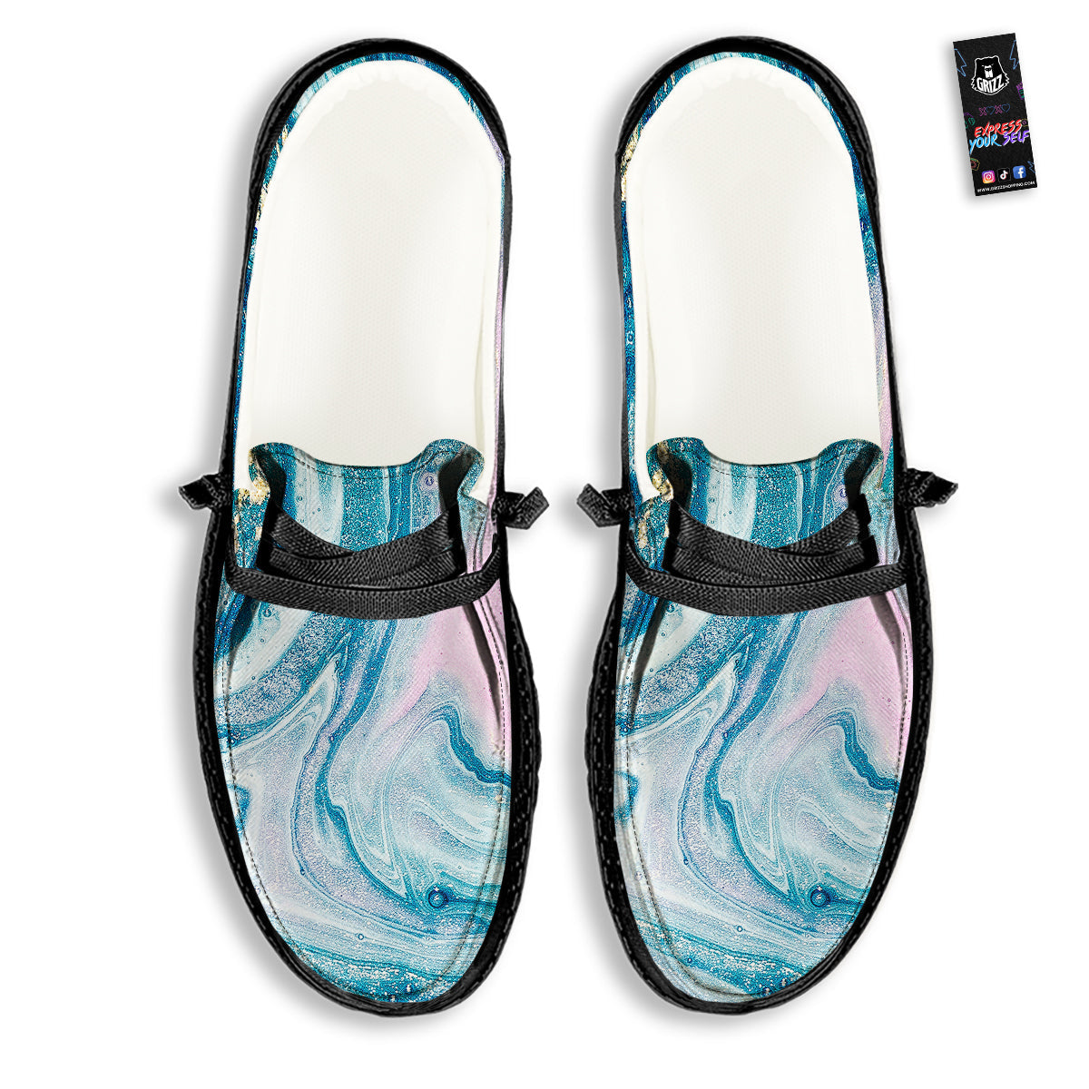 Abstract Ocean Marble Pink Blue Print Black Loafers-grizzshop