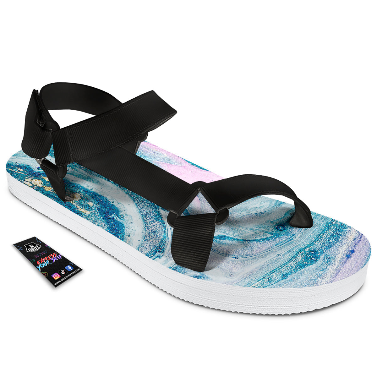 Abstract Ocean Marble Pink Blue Print Black Open Toe Sandals-grizzshop