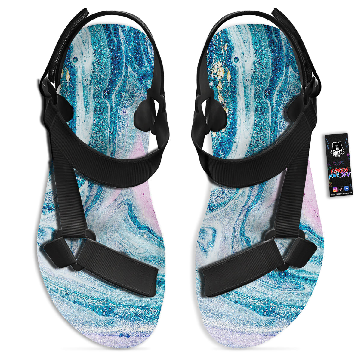 Abstract Ocean Marble Pink Blue Print Black Open Toe Sandals-grizzshop