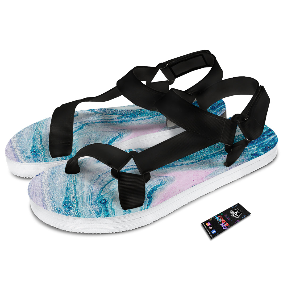 Abstract Ocean Marble Pink Blue Print Black Open Toe Sandals-grizzshop