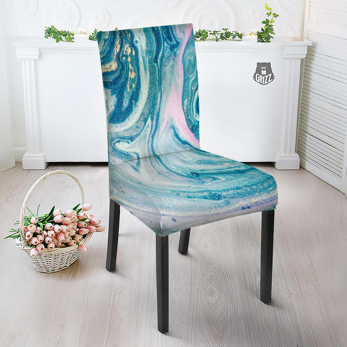 Abstract Ocean Marble Pink Blue Print Dining Chair Slipcover-grizzshop