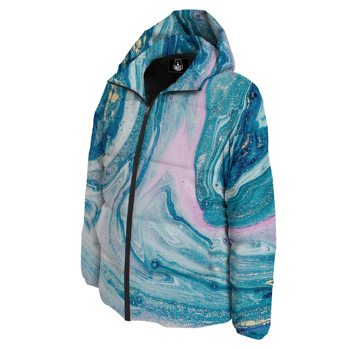 Abstract Ocean Marble Pink Blue Print Down Jacket-grizzshop