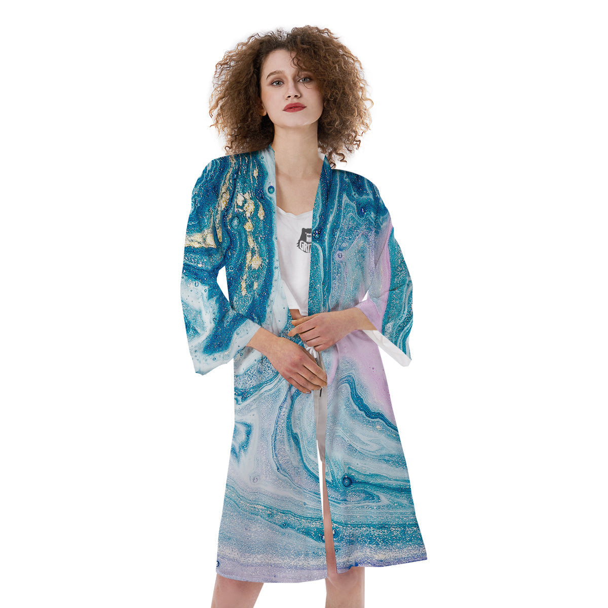 Abstract Ocean Marble Pink Blue Print Kimono-grizzshop