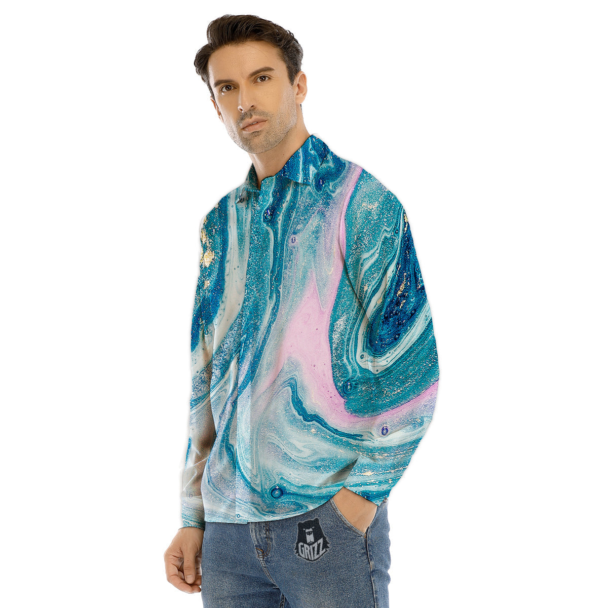 Abstract Ocean Marble Pink Blue Print Men's Dress Shirts-grizzshop