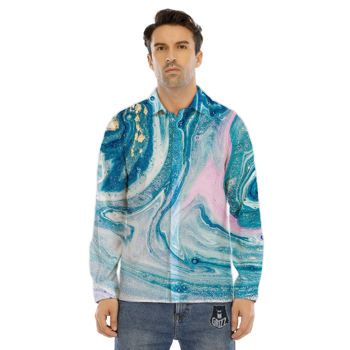 Abstract Ocean Marble Pink Blue Print Men's Dress Shirts-grizzshop