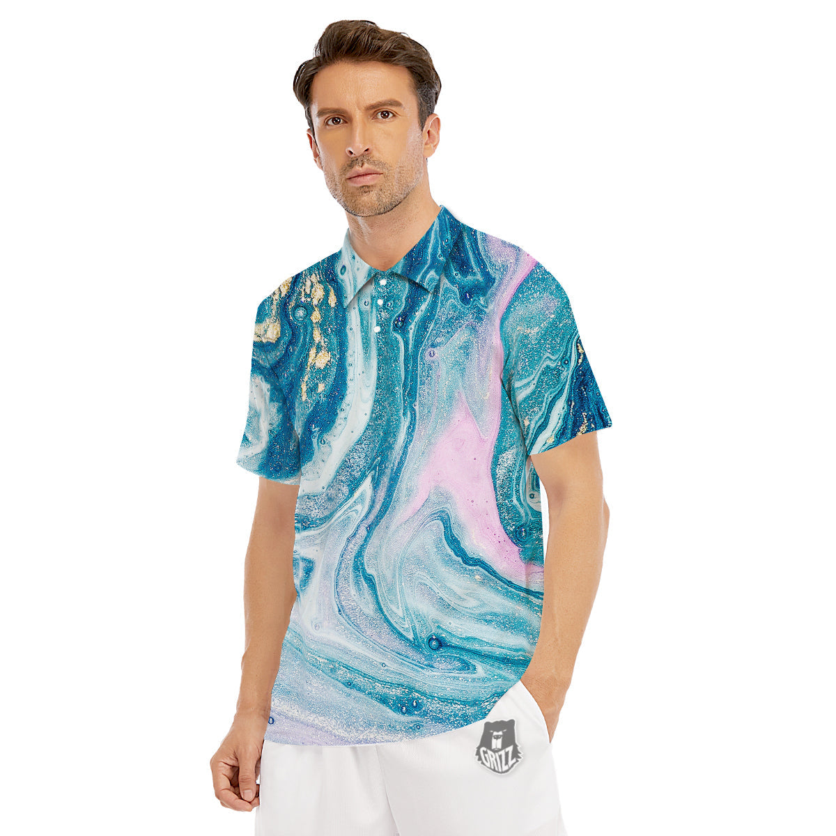 Abstract Ocean Marble Pink Blue Print Men's Golf Shirts-grizzshop