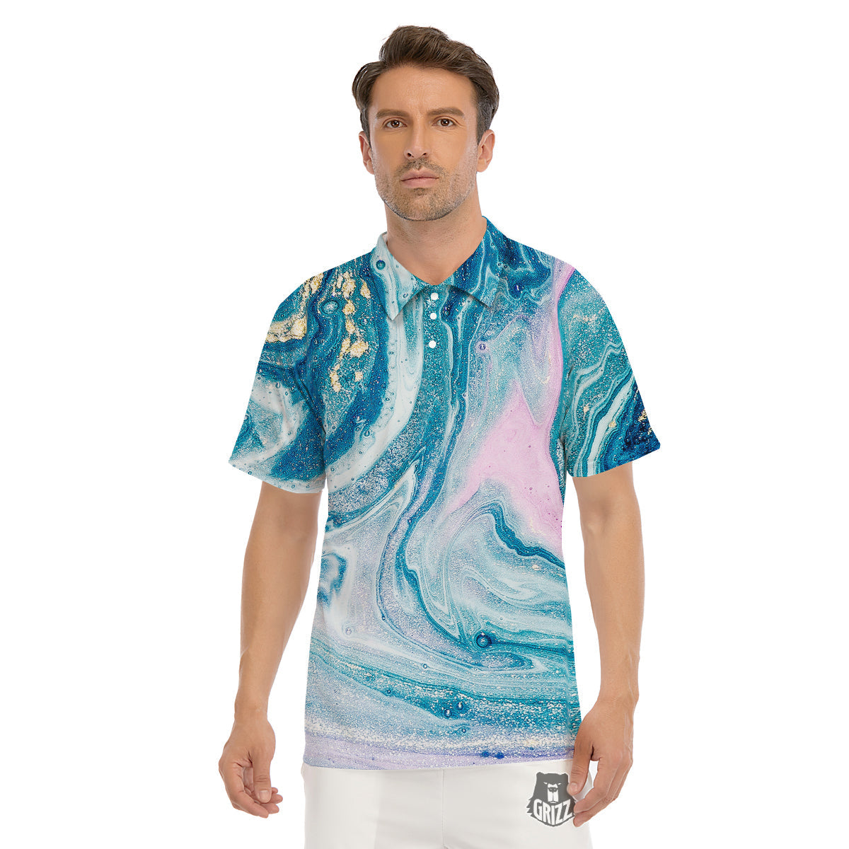 Abstract Ocean Marble Pink Blue Print Men's Golf Shirts-grizzshop