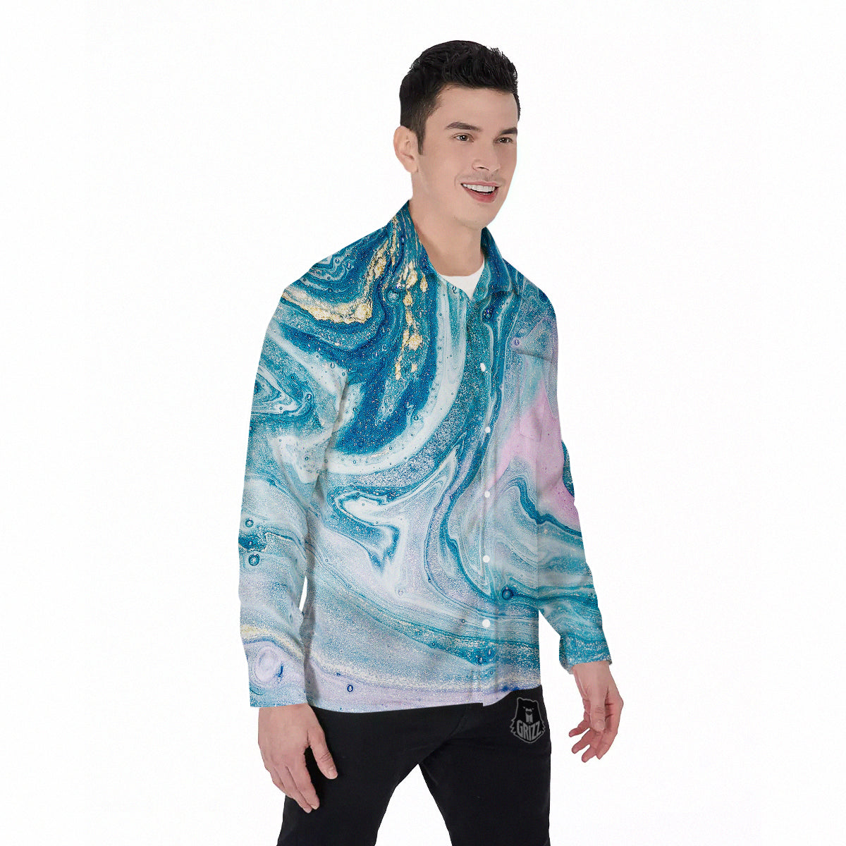 Abstract Ocean Marble Pink Blue Print Men's Long Sleeve Shirts-grizzshop