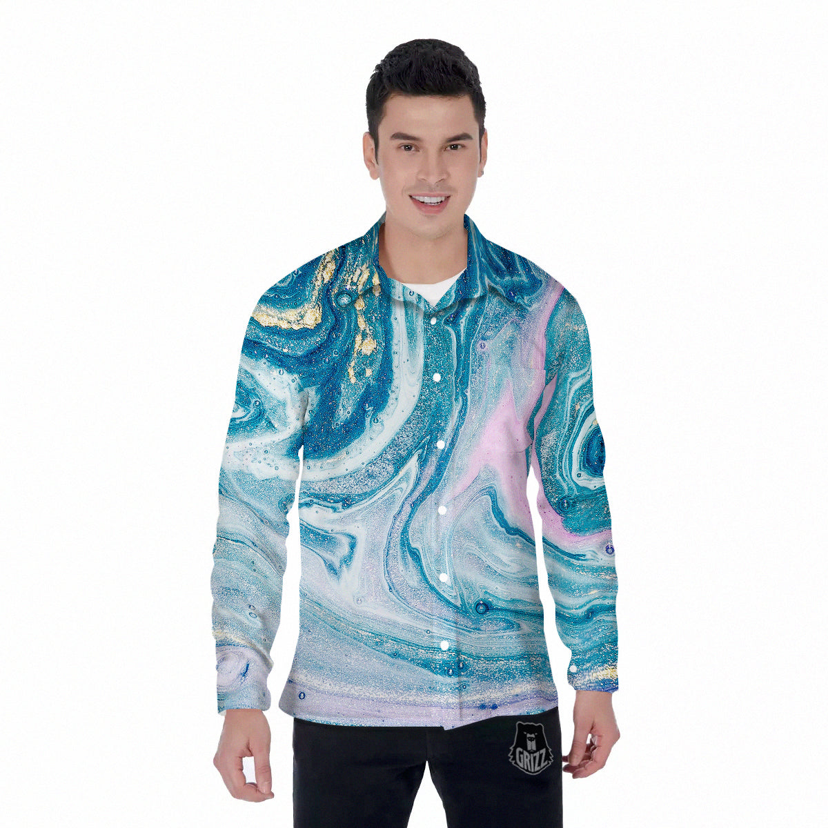Abstract Ocean Marble Pink Blue Print Men's Long Sleeve Shirts-grizzshop