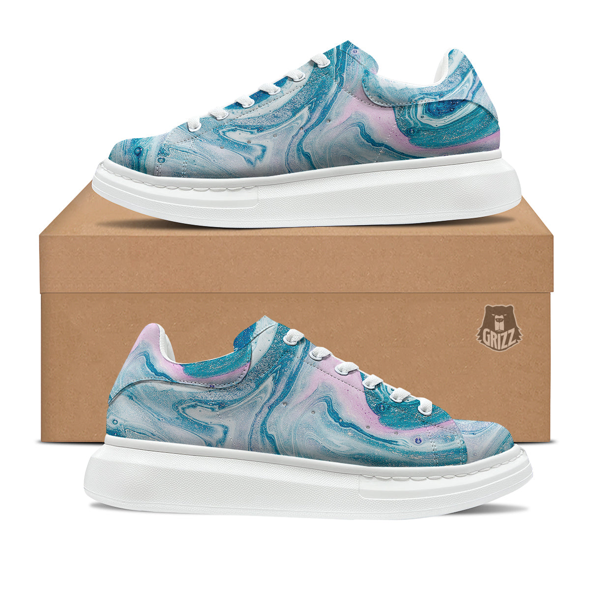 Abstract Ocean Marble Pink Blue Print Platform Shoes-grizzshop
