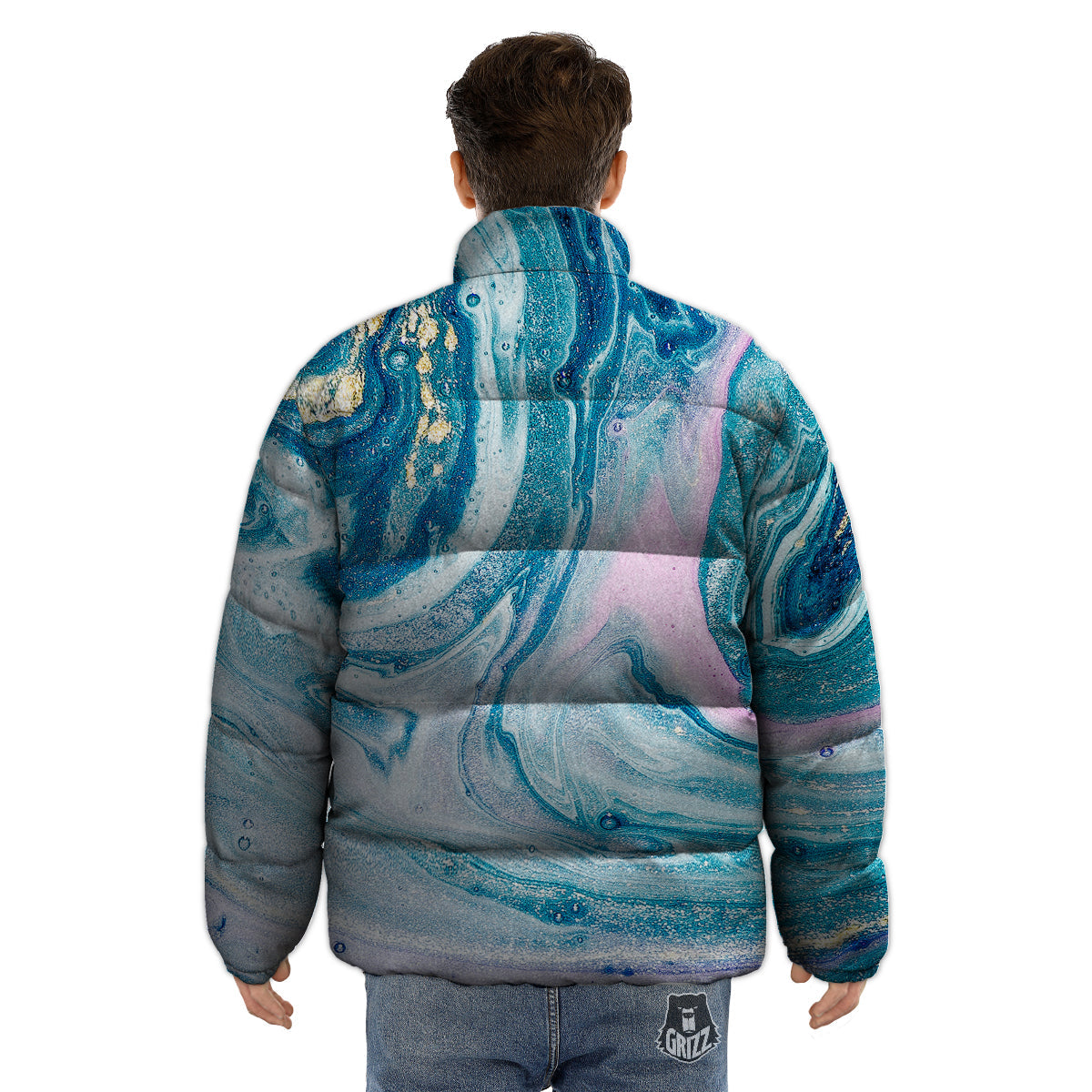 Abstract Ocean Marble Pink Blue Print Puffer Jacket-grizzshop
