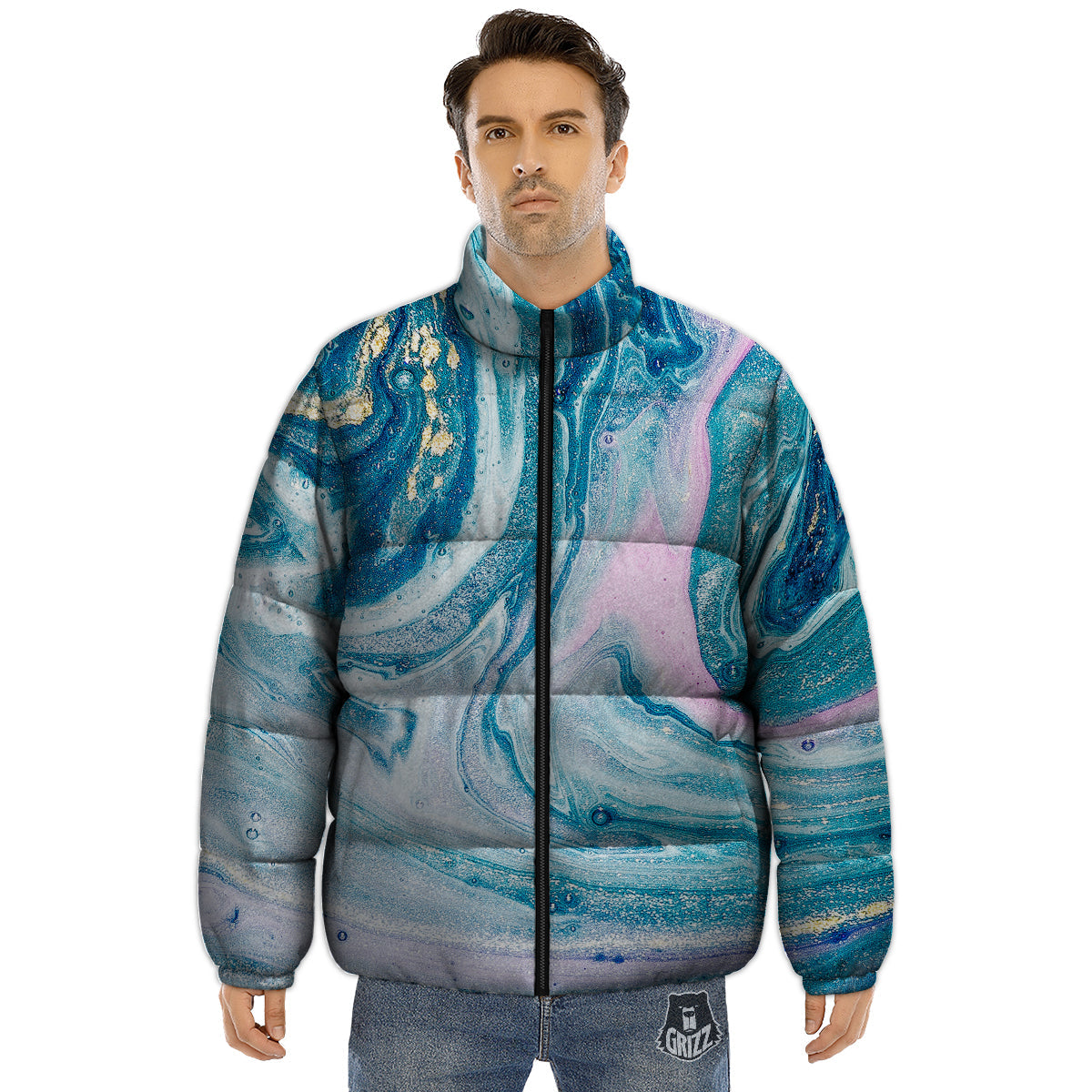 Abstract Ocean Marble Pink Blue Print Puffer Jacket-grizzshop