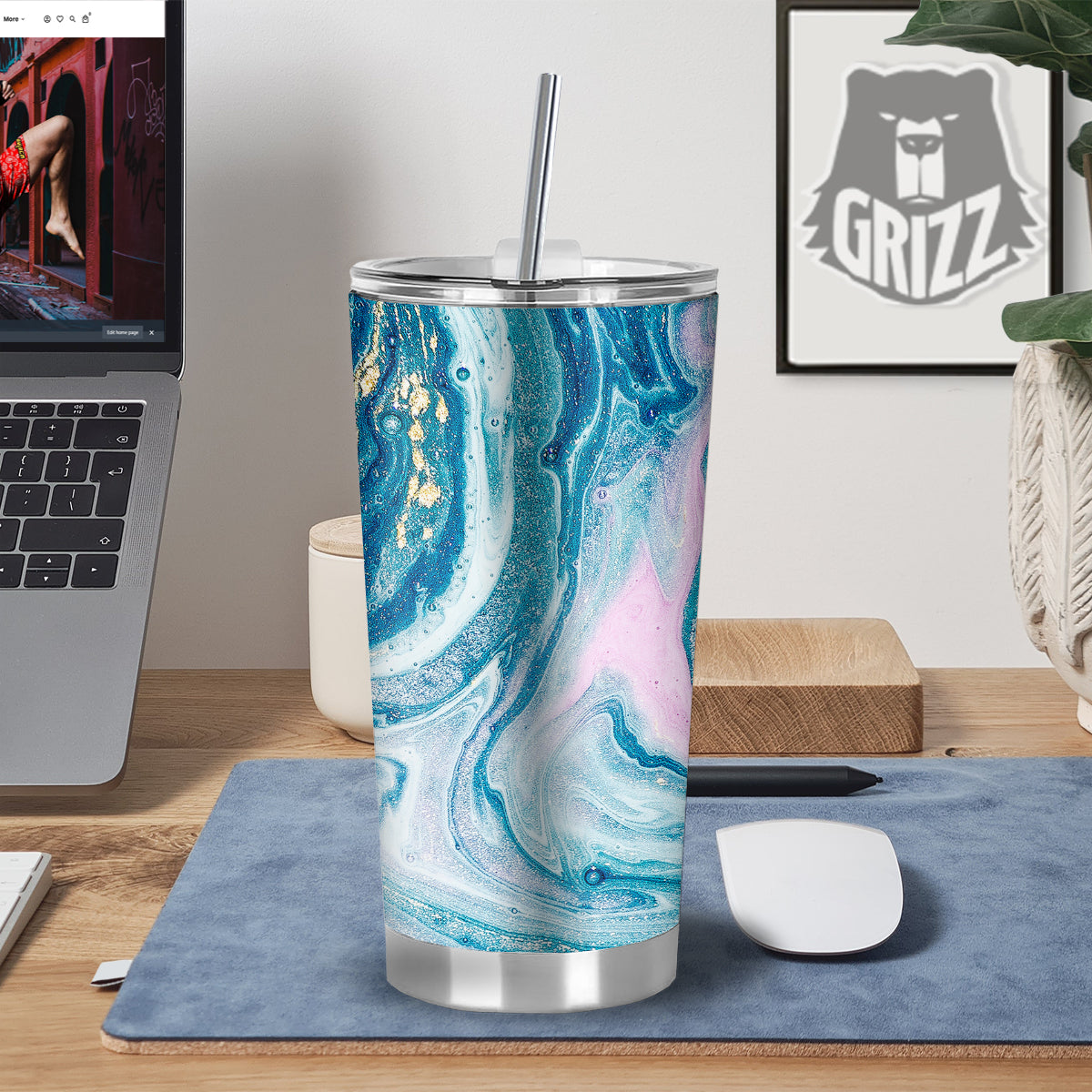 Abstract Ocean Marble Pink Blue Print Tumbler-grizzshop