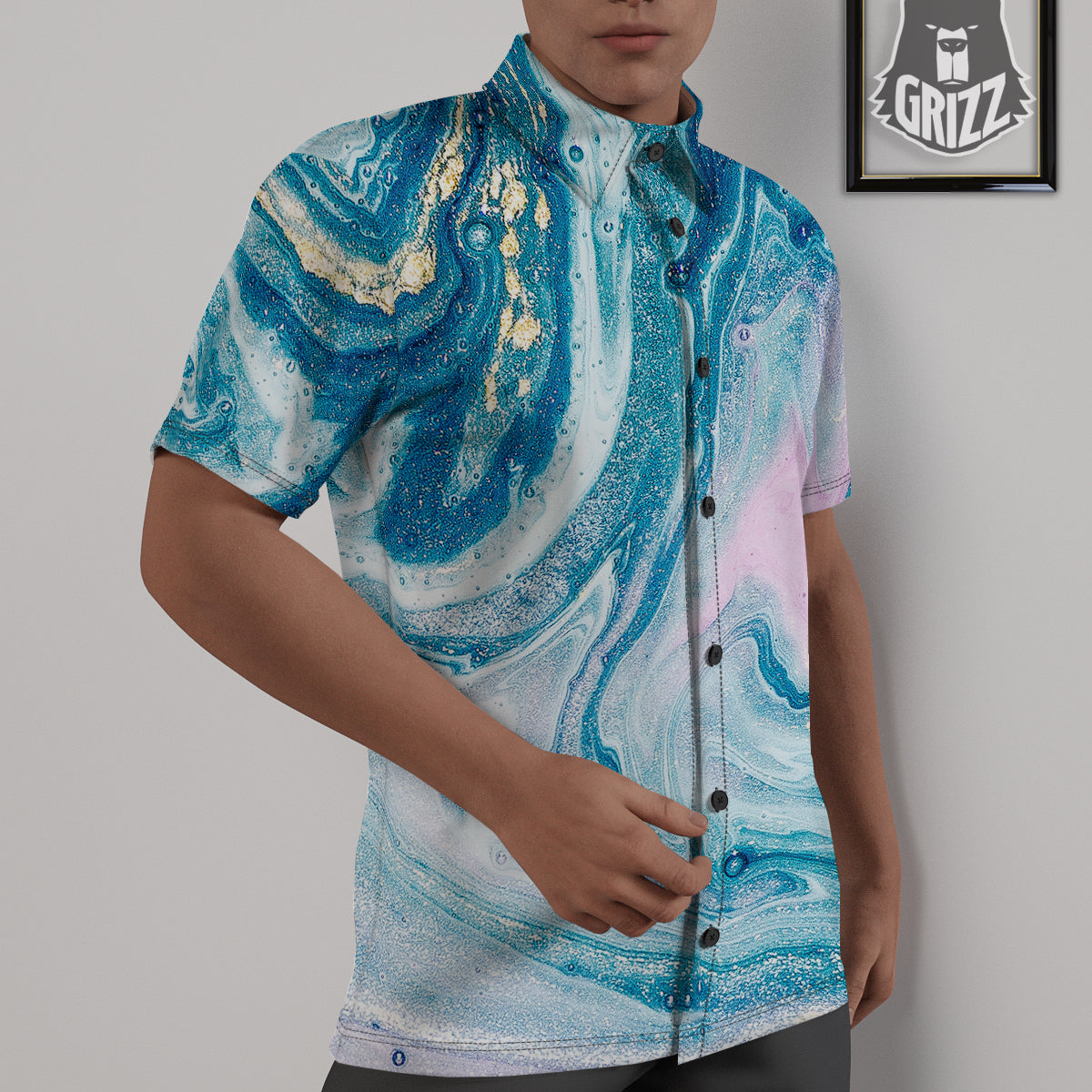 Abstract Ocean Marble Pink Blue Print Untucked Shirts-grizzshop