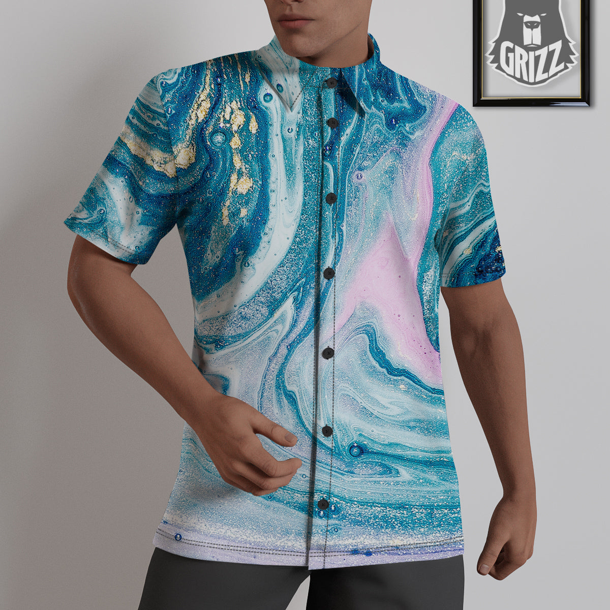 Abstract Ocean Marble Pink Blue Print Untucked Shirts-grizzshop