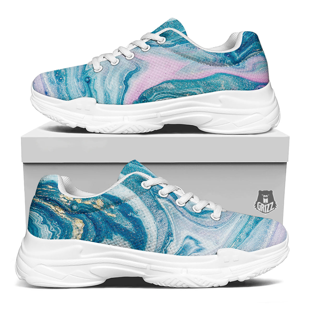 Abstract Ocean Marble Pink Blue Print White Chunky Shoes-grizzshop