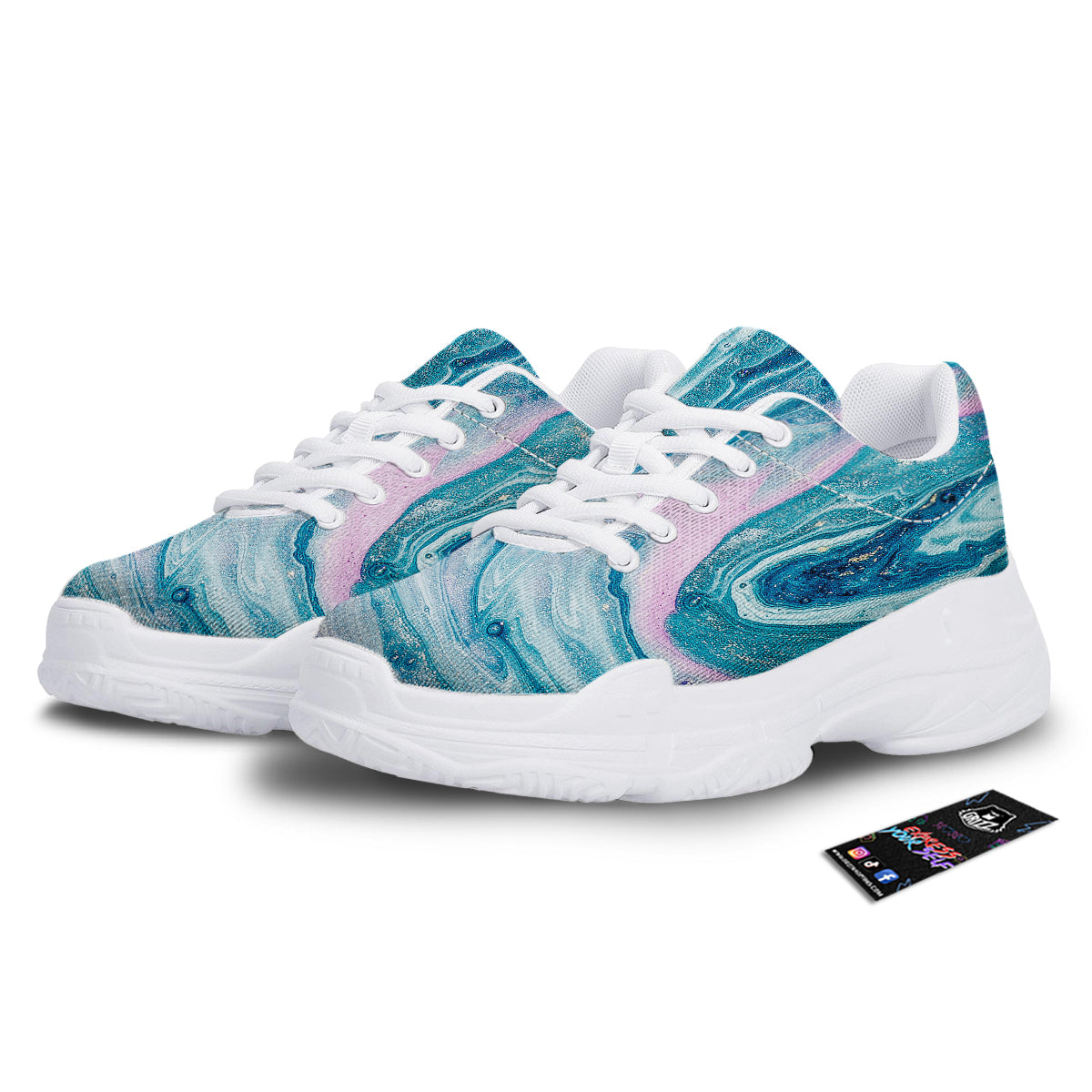 Abstract Ocean Marble Pink Blue Print White Chunky Shoes-grizzshop