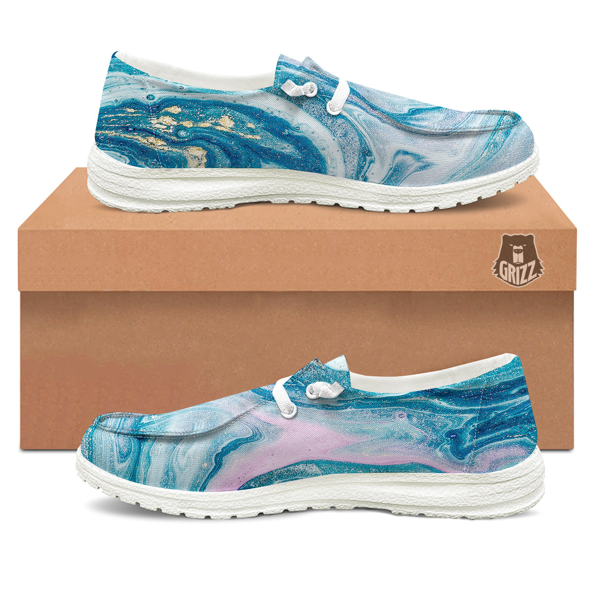 Abstract Ocean Marble Pink Blue Print White Loafers-grizzshop