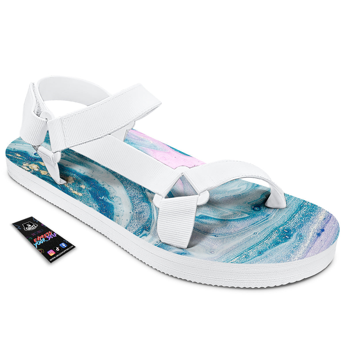 Abstract Ocean Marble Pink Blue Print White Open Toe Sandals-grizzshop