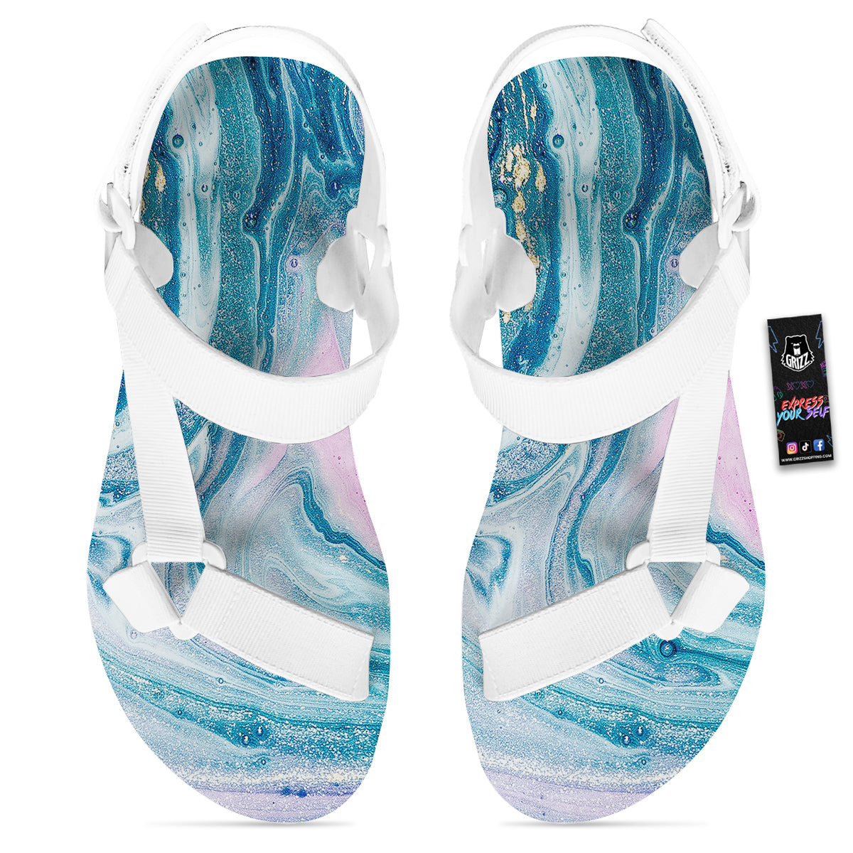 Abstract Ocean Marble Pink Blue Print White Open Toe Sandals-grizzshop